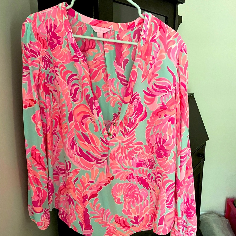 Lilly Pulitzer pink and teal long sleeve blouse
